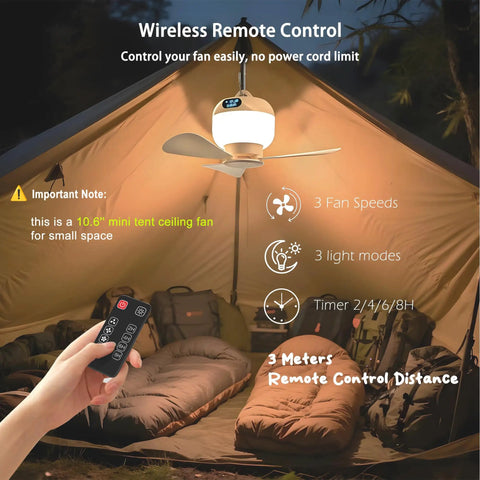 Portable Camping Fan With Light And Remote For Tents And Outdoors, 10.63 inch wireless hanging ceiling fan inside tent