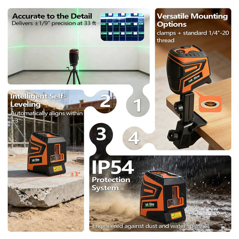 Green Cross Line Laser Level with auto self-leveling at 3mm accuracy for DIY, shown with versatile mounting on a table.