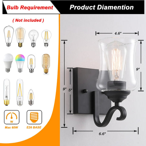 Winsmart Black Wall Sconces Set of Two Hard Wired with Clear Glass Shade, dimensions 9x4.6x6.6 inches, suitable for bathroom lighting.