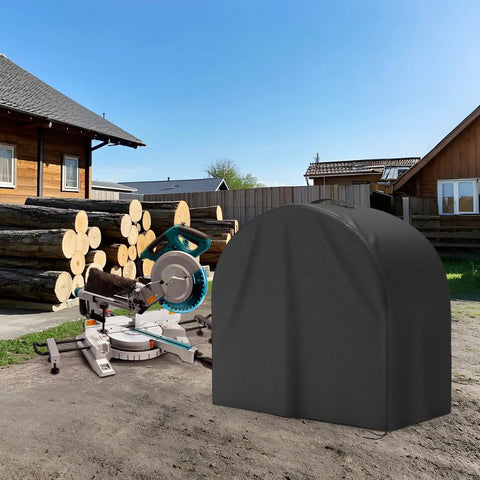 Heavy Duty Miter Saw Cover With Integrated Dust Guard Boasts Solid Shop Armor for twelve inch equipment in outdoor setting.