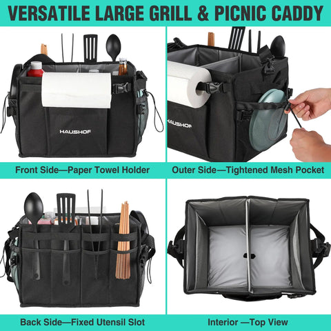 Large Grill And Picnic Caddy With Paper Towel Holder And Condiment Pockets Foldable Bbq Organizer featuring various compartments