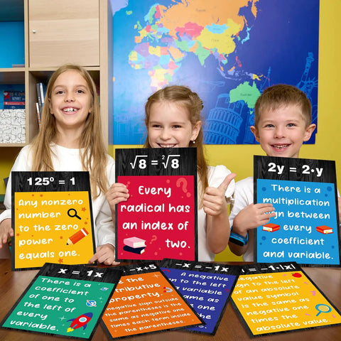 Invisible Math Must-Have Poster Set for Classrooms, children holding math posters with exponents and multiplication signs.