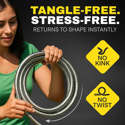 Bionic Steel 10 ft steel hose extension coil held by a person in a green shirt, front view.