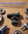 Rugged Reciprocating Saw Switch Replacement For Electric Chainsaw And Handheld Power Tools Featuring Rock Solid Locking Trigger placed on wooden surface with gears.