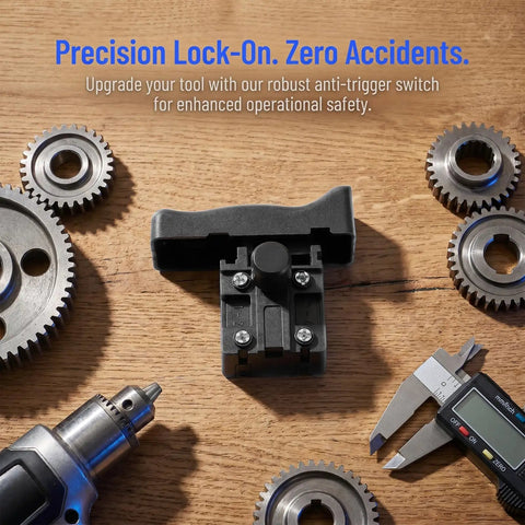 Rugged Reciprocating Saw Switch Replacement For Electric Chainsaw And Handheld Power Tools Featuring Rock Solid Locking Trigger placed on wooden surface with gears.