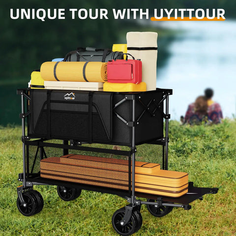 Extra Long Foldable 50 Inch Two Level Wagon With Big Wheels 400L Capacity Heavy Duty All Terrain Cart Double Decker Beast Hauler