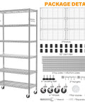 Beefy Heavy Duty Metal Rolling Shelving Unit With Wheels And 8 Hooks, 6000 Lbs Total Capacity, 6-Tier Adjustable Wire Rack For Garage, Kitchen, Pantry, Industrial, Workshop, Bathroom, Chrome 36W X 14D X 72H package details with 6 shelves, wheels, hooks