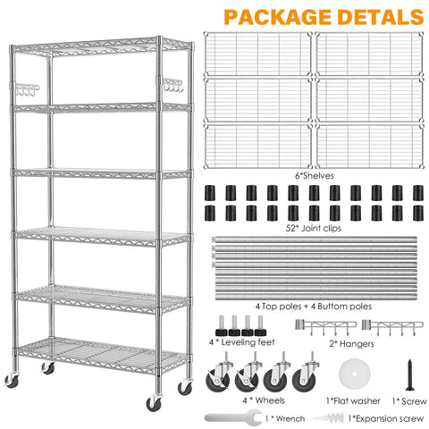 Beefy Heavy Duty Metal Rolling Shelving Unit With Wheels And 8 Hooks, 6000 Lbs Total Capacity, 6-Tier Adjustable Wire Rack For Garage, Kitchen, Pantry, Industrial, Workshop, Bathroom, Chrome 36W X 14D X 72H package details with 6 shelves, wheels, hooks