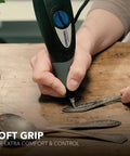 Person using 120-Volt Engraver Rotary Tool With Stencil Kit For DIY Personalizing And Engraving Leather, Wood, Glass, Metal And More