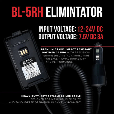 Battery Eliminator For BF-F8HP Pro And Other Handheld Radios From 12V To 24V DC with coiled cable and power specs displayed.