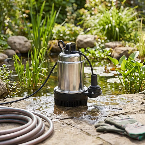 Cordless Submersible Water Pump 1003 GPH High Flow Battery Operated Drain Pump on stone by pond for garden irrigation use.