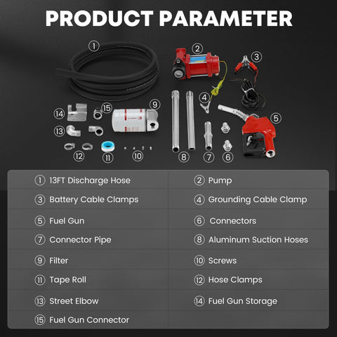 Product components for Heavy Duty 12V Fuel Transfer Pump With 10 GPM, including pump, discharge hose, and accessories.