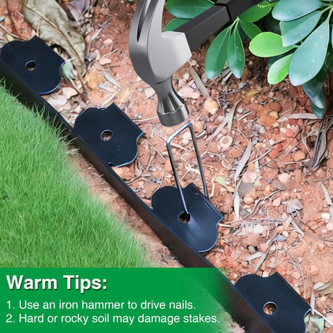 1.5 Inch Landscape Edging Kit With 100 Feet Total No Dig Lawn Border installation using hammer and spikes in garden