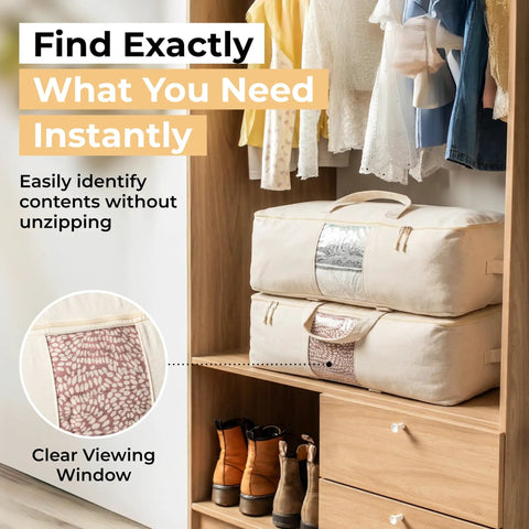 Top Notch Canvas Storage Bags With Heavy Duty Zipper. Thick Breathable Comforter And Quilt Organizer For King Queen Beds. Four Solid Handles And Viewing Window. Hella Roomy Linen Sack For Sheets, Blankets, Dorm Essentials, And Closet Cleanup.
