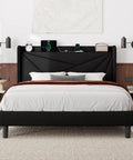 Queen Size Upholstered Bed Frame With Built In Charging Station, Black Linen Platform Bed Featuring Spacious Wingback Storage Headboard, Rock Solid Wood Slats, Zero Hassle Setup And Sweet Dreams Every Night with nightstand and charging devices.