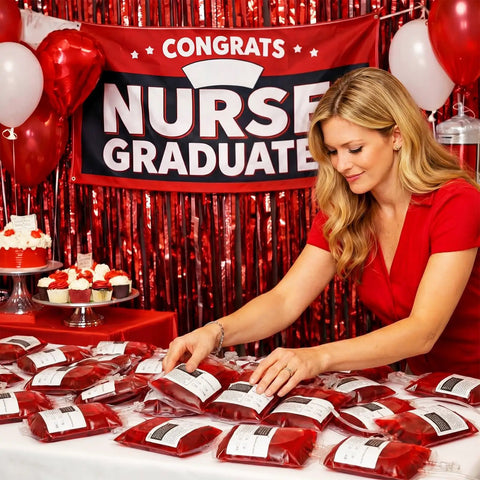 Epic Nursing Graduation Party Supplies Kit 102 Pcs Includes Blood Bag Drink Pouches set up at RN BSN celebration
