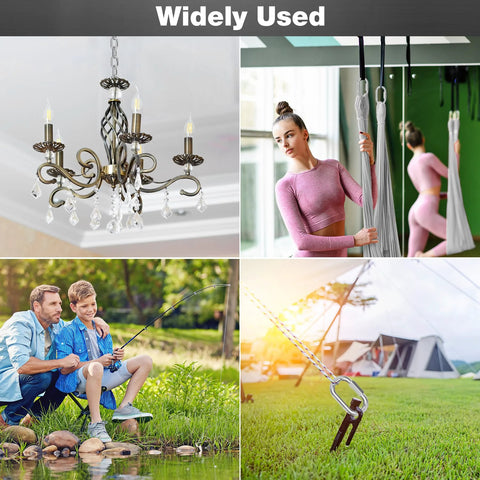 M6 Quick Links Chain Connectors 50 Pack shown in various uses including chandelier hanging, yoga hammock, fishing, and camping setup.
