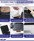 StarBlue 2-in-1 Indoor Electric Grill And Press With Non Stick Griddle Surface showcasing oil tray, heat handle, and grill features.