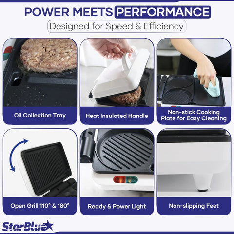 StarBlue 2-in-1 Indoor Electric Grill And Press With Non Stick Griddle Surface showcasing oil tray, heat handle, and grill features.
