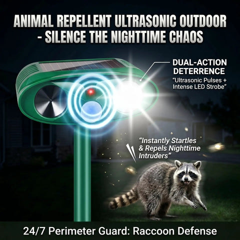 Ultrasonic Deer Repellent For Plants 4 Pack With Solar Power And Motion Sensor Strobe Light Outdoor Animal Deterrent Keeps Deer Rabbits Cats Raccoons And Squirrels Out Of Your Yard And Garden showing a solar stake unit at night
