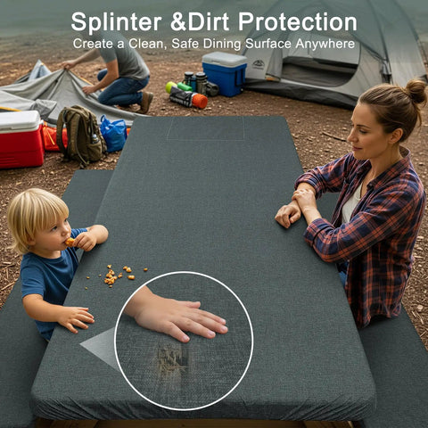 Fitted Picnic Tablecloth 3 Piece Set With Bench Covers And Built In Storage Pouch in use, grey color, outdoor camping setting