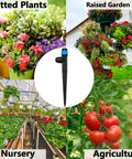 Collage showcasing 20 Pack Adjustable 360 Degree Drip Irrigation Emitters with 5 Inch Stakes for Quarter Inch Tubing in garden setups