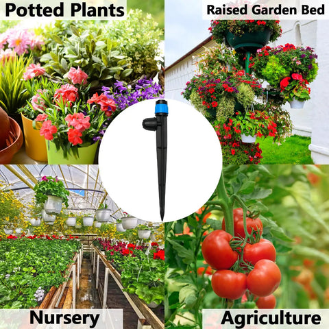 Collage showcasing 20 Pack Adjustable 360 Degree Drip Irrigation Emitters with 5 Inch Stakes for Quarter Inch Tubing in garden setups