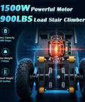 Heavy Duty Electric Stair Climbing Cart 1500W Motor With Anti-Slip Tires showing motor details and large wheels.