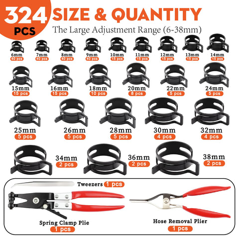 324 Piece Spring Hose Clamp Kit With 6-38mm Range And 2 Pliers, showcasing varied clamp sizes and pliers for quick fixes.