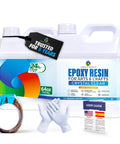 Crystal Clear 64 Oz Epoxy Resin Kit With Hardener For Food Safe DIY Art Woodworking Jewelry Making Coasters Mold Casting Low Viscosity Self Leveling Perfect For Beginners And Pros with accessories in a front view including gloves and user guide.