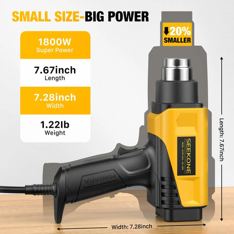 1800W Hot Air Heat Gun With LCD Display, Compact Yet Mighty, showcasing size dimensions and smaller compact design.