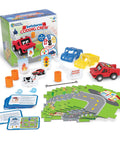 Switcheroo Coding Crew Screen Free Robot Kit For Kids Hands On Push Button Coding To Learn Sequencing Logic And Problem Solving Through Rescue Mission Play And Totally Imaginative STEM Adventures red robot, cards, road pieces, and shells