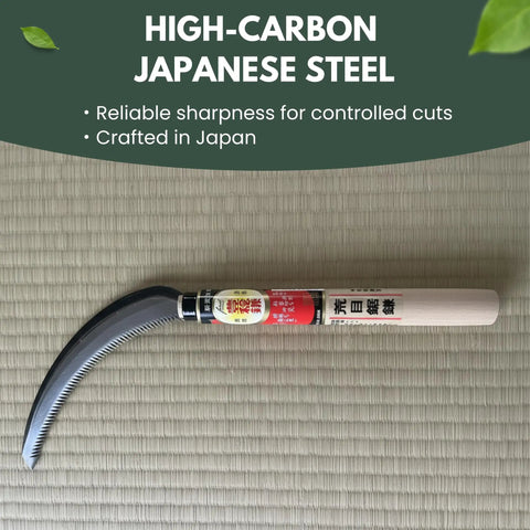 Weeding Sickle Kama With Curved Serrated Edge, Lightweight High Carbon Japanese Steel Blade, Natural Wood Handle, Made In Japan