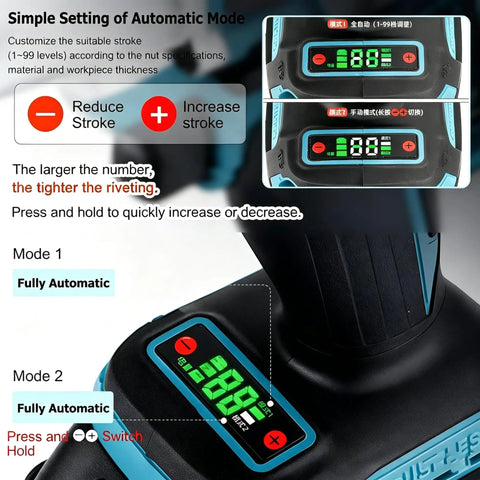 Portable Cordless Electric Rivet Nut Gun Featuring Fully Automatic One Trigger Mandrel Kick For M3 To M12 Fasteners digital control panel