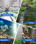 Images showing Hydroponics, a Pond, an Aquarium, and a Fountain setup for a Submersible Water Pump 200GPH With Auto Shut Off And 5.2 Ft Lift For Fountains Hydroponics Ponds Aquariums And More Ultra Quiet Durable High Flow Great For Indoor Outdoor Setups And Quiet Operation.