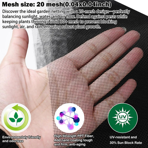 Close-up of hand holding Extra Thick Garden Mesh Netting 6.6 X 33 Ft Mosquito And Bird Barrier For Veggies Fruits Flowers And Patios.