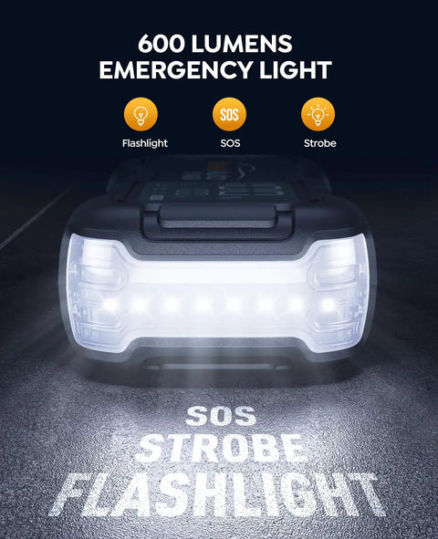 Hella Tough Kickstarts Heavy Duty 8000A Peak Current Car Jump Starter With 65W Fast Charging And Beefy Portable Power Bank For All Gas And Up To Twelve Liter Diesel Engine emergency light with 600 lumens and SOS features.