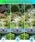 3.5W Glass Solar Fountain With Swivel Out Rods LED Lights And 2000mAh Battery 7 Nozzles Outdoor Solar Water Pump For Garden Pool Pond No Fuss Install Easy Low Maintenance Black with spray height adjustments in a garden setting.