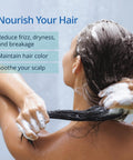 Woman washing hair with shampoo, promoting benefits of Shower Filter That Cuts Ninety Percent Of Chlorine For Softer Skin And Healthier Hair, Dermatologist Recommended, Game Changer, High Water Pressure, Works With Your Own Shower Head, Six Months Of Clean Water.