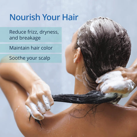 Woman washing hair with shampoo, promoting benefits of Shower Filter That Cuts Ninety Percent Of Chlorine For Softer Skin And Healthier Hair, Dermatologist Recommended, Game Changer, High Water Pressure, Works With Your Own Shower Head, Six Months Of Clean Water.
