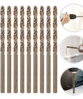 10 Piece Cobalt Steel Drill Bit Kit For Hardened Metal Stainless And Cast Iron With High Speed Spiral Design Great For Wood Plastic DIY And Heavy Engineering Work You Will Love This Pro Tool, 10 drill bits on white