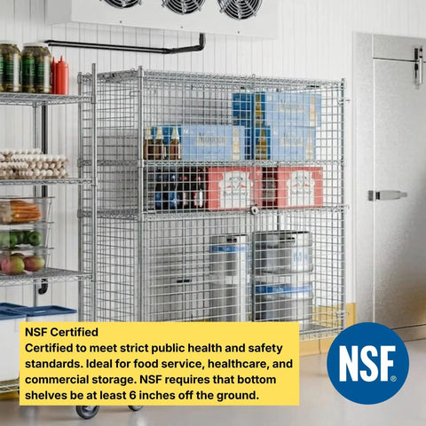 Heavy Duty Chrome Wire Mesh Rolling Security Cage Rock Solid Mobile Storage Locker NSF Certified 48X18X70 Inch with shelves in food storage.