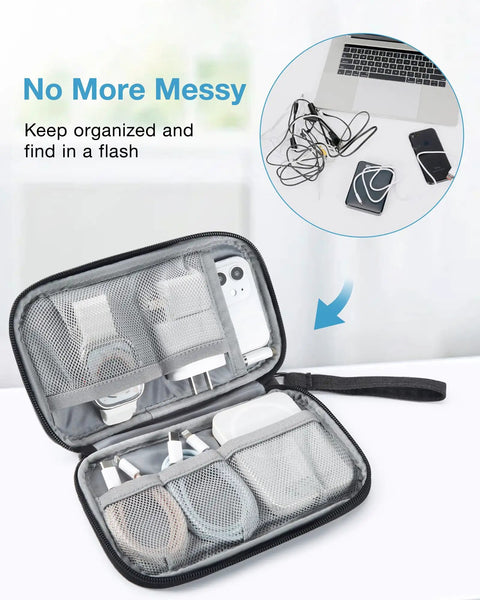 Cord Organizer Travel Kit For Chargers And Cables, Slim Single Layer Tech Bag For Phone, USB Drive, Power Bank, Black, open view