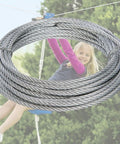 Beefy Heavy Duty Stainless Steel Zip Line Cable 5 By 16 Inch 656 Feet Flexible Aircraft Wire Rope coiled with a child on zip line