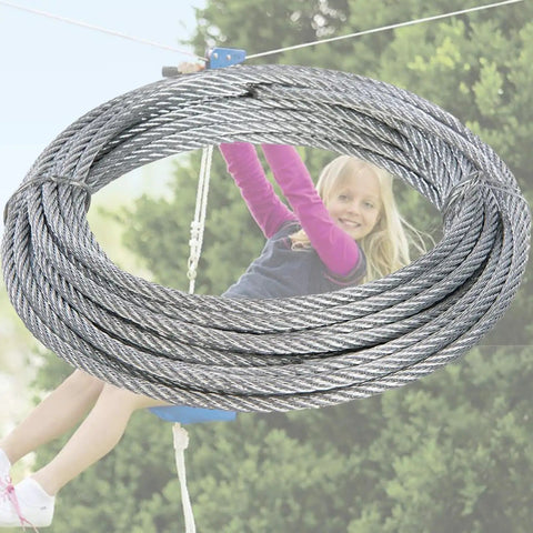 Beefy Heavy Duty Stainless Steel Zip Line Cable 5 By 16 Inch 656 Feet Flexible Aircraft Wire Rope coiled with a child on zip line