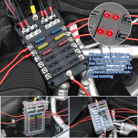 Rugged 12 Way 12V Fuse Box With LED Indicator Waterproof Cover And Ground Bus, installed in vehicle engine compartment.