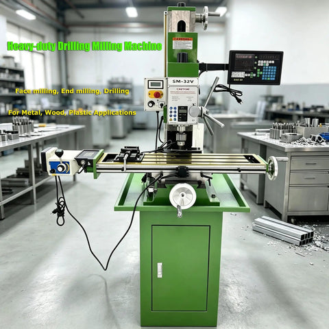 Techtongda 8x33 Inch Metal Milling Machine With 2HP Brushless Motor For 110V Power Featuring Precision 3-Axis Digital Readout System And Grating Ruler For Super Accurate Real-Time Position Monitoring In Any Workshop Environment Today, green metal frame with digital controls and adjustable components.