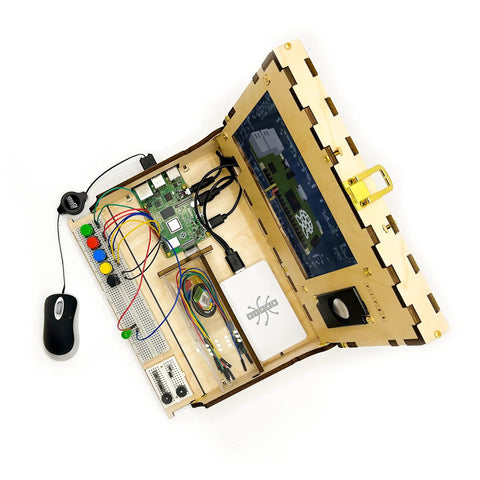 Hands-On Kids Computer Kit For STEAM Learning With Raspberry Pi, Drag-And-Drop Coding, Story Mode, Python Projects, Interactive Games, And Real World Tech Skills open wooden case with screen, speaker, and wires
