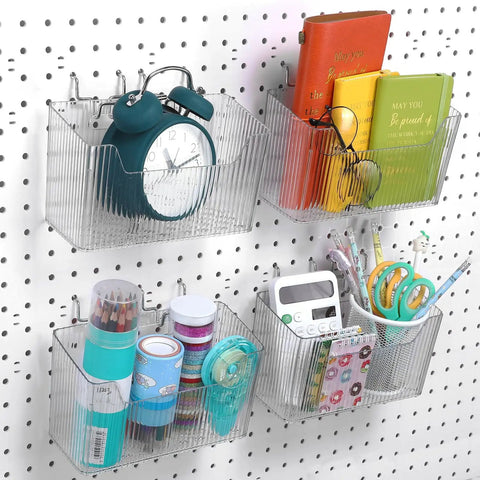 Sweet 4 Piece Pegboard Bins Set With Metal Hooks For Garage Organization Clear Plastic Bins Keep Tools Neatly Stashed And Within Reach On Your Workbench 7.9 By 3.3 By 4.7 Inches, displaying assorted stationery items.