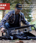 Man placing a stove into a Carry Bag For Two Burner Stoves Heavy Duty Case With Weather Resistant Liner outdoors
